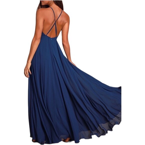 Lulus Mythical Kind of Love Chiffon Flowy Blue Halter Neck Maxi Gown Dress Sz S - Picture 11 of 15